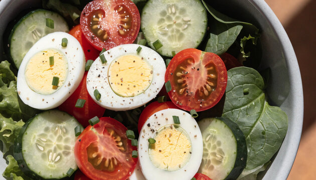Fresh vegetable salad bowl with sliced boiled eggs tomatoes and