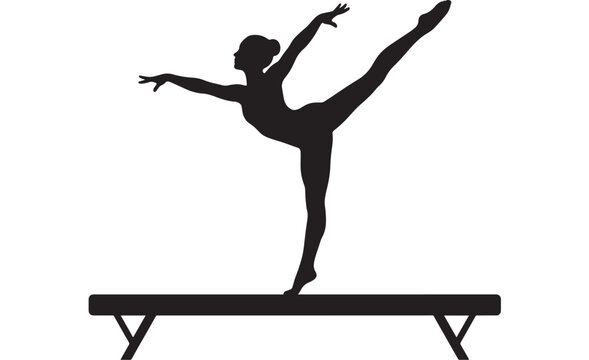 Gymnast silhouette performing a balance beam routine, showcasing athleticism and graceful movement in a dynamic pose.