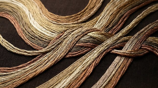 Closeup of earthtoned embroidery threads interwoven on a dark brown textile background