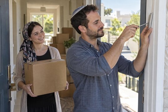 Man attaching a mezuzah to the doorpost of a new home