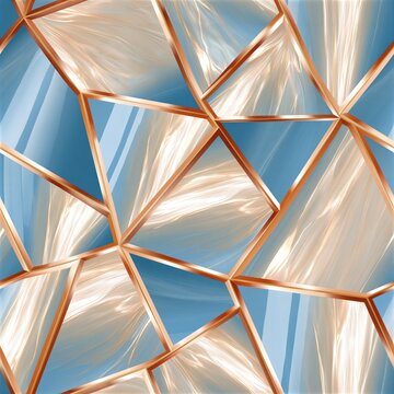 Geometric pattern with rose gold metallic lines over flowing blue and cream abstract background, seamless design