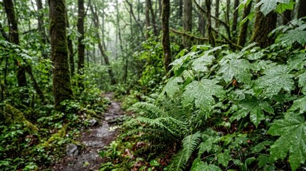 Fototapeta premium Wet Maple Leaves on a Hiking Trail in a Rain-Soaked Pacific Northwest Forest