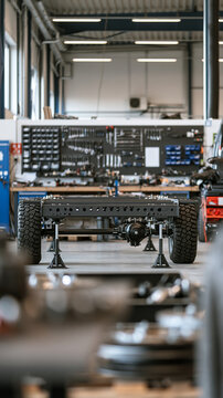 vehicle chassis frame assembly inside automotive workshop