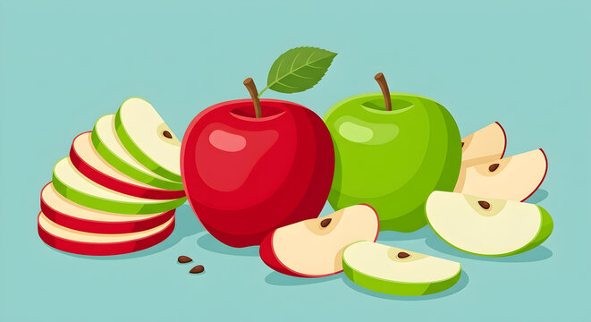 Fresh Red and Green Apples Vector Illustration with Slices and Seeds