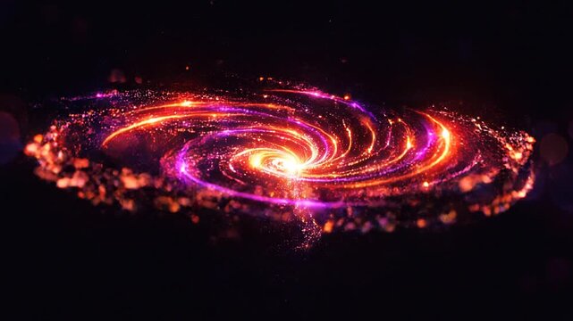 Glowing orange and purple particle vortex swirling and receding into darkness, Dynamic abstract energy expressed through swirling light trails and glowing particles.