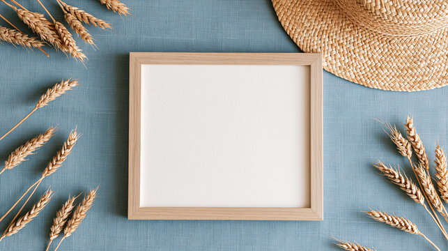 Empty wooden frame with straw hat and wheat