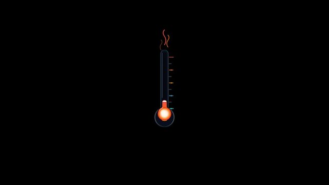Motion graphic of a stylized thermometer with a rising mercury level from cold blue to hot orange, featuring a glowing bulb and heat waves on a black background, symbolizing global warming.