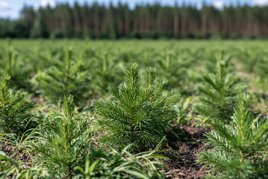 Young pine seedlings growing in a field with