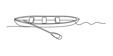 Continuous single line drawing of a small wooden row boat with a paddle floating on the calm water surface © VANU