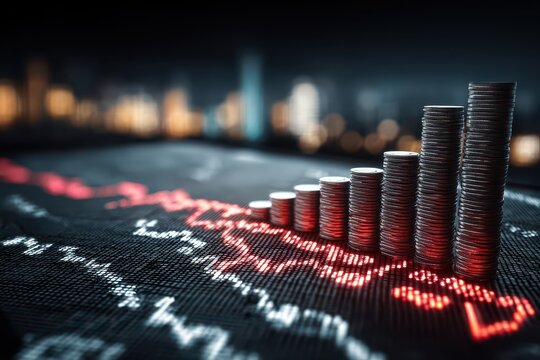 The image captures a financial downturn, depicted by a falling chart, with a progression of stacked coins indicating decreased investment and market decline