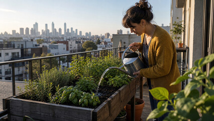 Fototapeta premium A smiling woman waters green plants on a sunny balcony with a city skyline view in the background. Concept for urban gardening, hobby, and sustainable living.