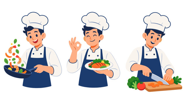Cartoon chefs cooking and presenting food with vegetables