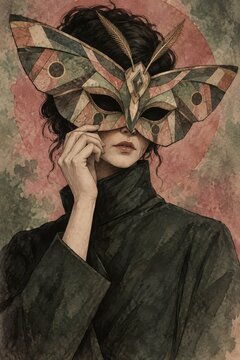 Theatrical portrait in layered watercolor and ink, muted rose and lichen green