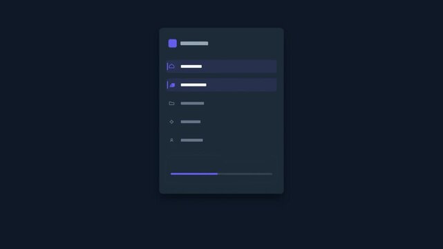 Abstract Dark Mode User Interface Animation Featuring a Selection Menu with Minimalist Icons and a Progress Loading Bar for Modern Software Dashboard or Mobile Application Design.