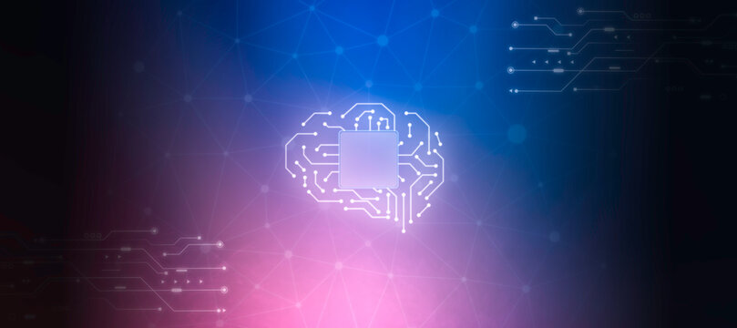 Artificial intelligence digital brain microchip on glowing technology background. Futuristic AI processor, cyber neural network, high tech banner, abstract display, and innovation.