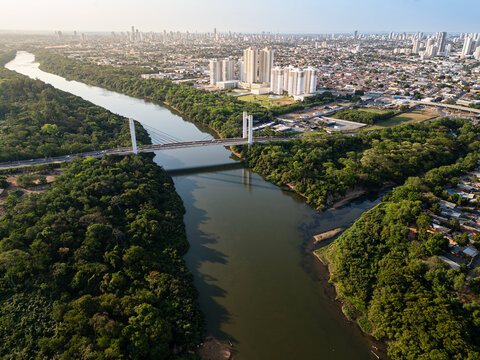 Aerial View of Sergio Motta Bridge Crossing the Cuiaba River in Cuiaba Mato Grosso Brazil with Urban Landscape and Sustainable Development Concept

