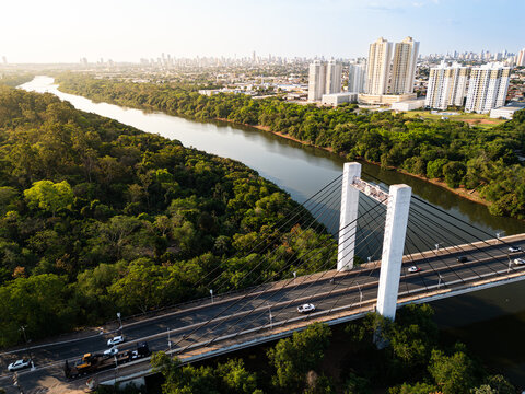 Aerial View of Sergio Motta Bridge Crossing the Cuiaba River in Cuiaba Mato Grosso Brazil with Urban Landscape and Sustainable Development Concept
