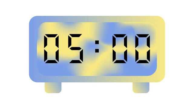 A digital clock with an abstract blue and yellow gradient, displaying 05:00 against a white background.