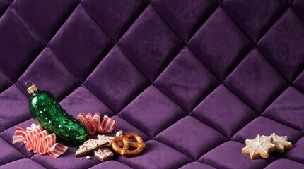 Fototapeta premium Christmas pickle ornament on diamond tufted purple velvet background with peppermint ribbon candy, bark, pretzel and star sugar cookies, empty copy space for USA holiday sales
