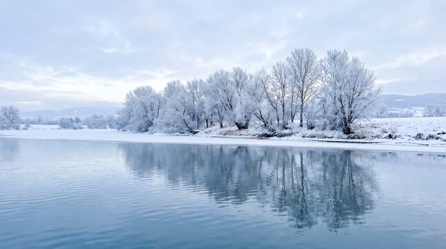 Trees by a calm river at dusk
