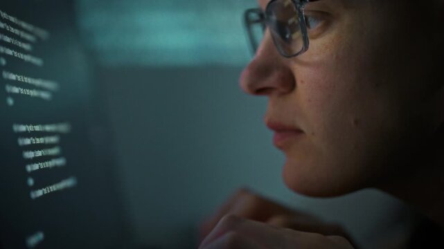 At modern workstation, focused programmer wearing glasses sits at his desktop PC, using artificial intelligence to generate code rapidly, boosting efficiency and productivity in software development