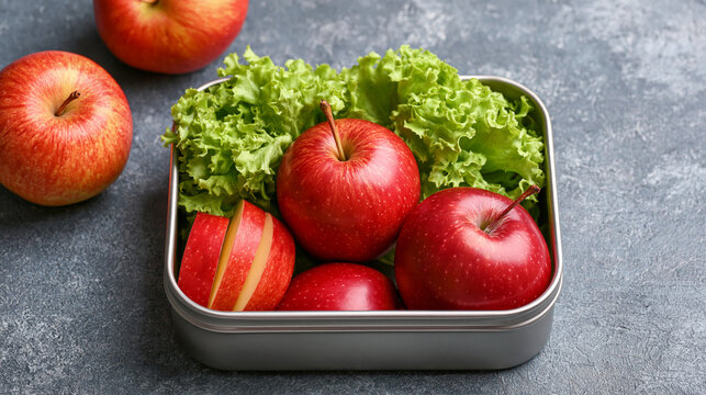 Red apples and green lettuce inside metal lunch