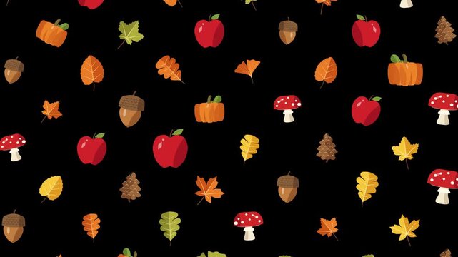 Cute animated autumn icons including leaves apples pumpkins acorns mushrooms falling creating a seamless looping