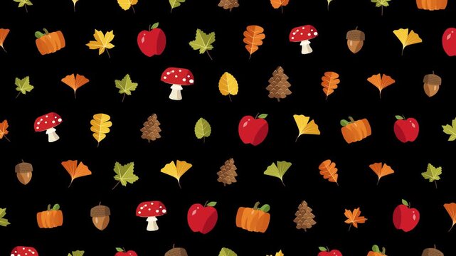 Playful animated autumn fall icons seamless looping pattern gently scrolling upwards on a black background movement