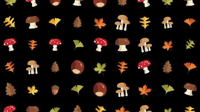 Playful animated autumn icons pattern with mushrooms leaves nuts pine cones gently rotating and moving on