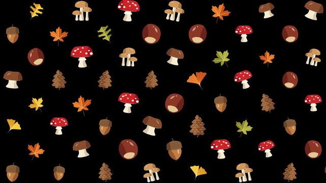 Animated autumn icons falling and rotating in a seamless loop on a black background motion graphic