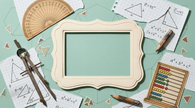 Empty picture frame surrounded by math tools and geometry formulas on green background