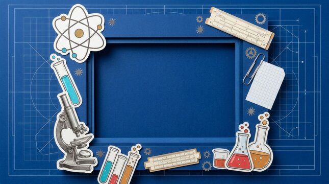 Blue paper art frame decorated with science and engineering cutouts on blueprint background