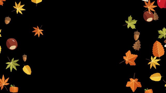 Animated autumn leaves nuts and fall elements populating creating a festive seasonal decorative frame