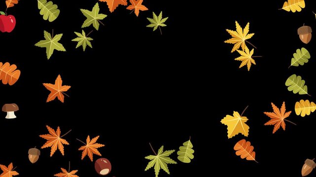 Vibrant animated autumn leaves and natural elements dynamically appear creating a seasonal frame motion