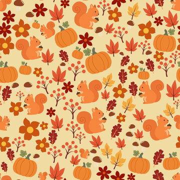 Cute autumn seamless pattern with squirrels and pumpkins