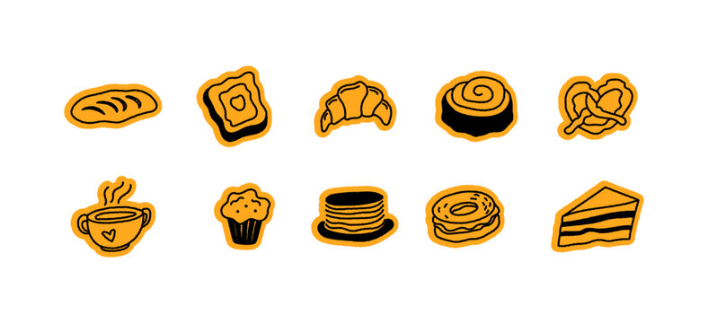 Vector collection of hand-drawn food doodles featuring coffee, burgers, pastries, sandwiches and sweet treats. Playful illustrations for cafe branding, bakery packaging, menus, stickers and apparel.