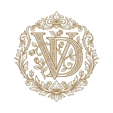 Elegant monogram VD or DV initial crest with vintage baroque floral frame