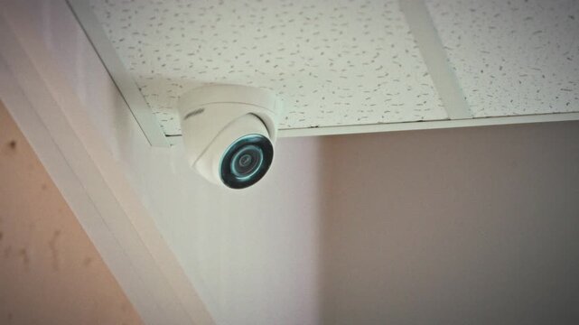 Close-up of a security camera objective on a white tiled ceiling. Camera directed at the building passage between rooms. Theme of smart security systems and modern surveillance technology