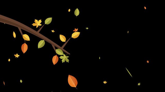 Colorful animated autumn leaves falling from a tree branch in a seamless looping motion graphic background