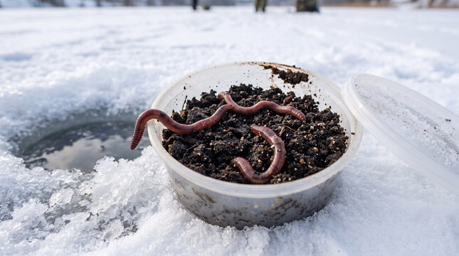 Ice fishing worms in a container on a snowy landscape  