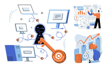 Digital security and financial growth business vector illustration. Data protection, cyber safety, investment strategy, market analysis, corporate finance, wealth management. Information technology © Dmytro
