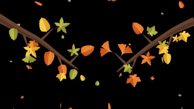 Animated colorful autumn leaves falling from tree branches in a seamless looping motion design background