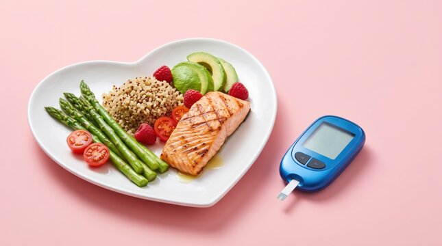 Heart-shaped plate with healthy food and a glucometer on pink background for World Diabetes Day 14 November, representing proper diabetic nutrition