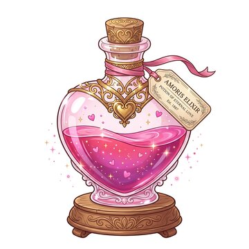 Antique Bottle with Amoris Elixir, a Vintage Illustration Featuring a Pink Potion, Ornate Detailing, and a Decorative Tag. Magical Potion Design.