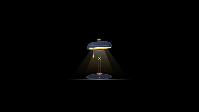 Minimalist Animated Desk Lamp with Pull Chain Casting Warm Yellow Light on Black Background, Stylish Vintage Blue Table Lamp Graphic for Office, Study, and Interior Design Concepts
