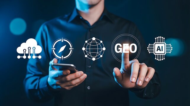 Businessman interacting with advanced digital icons for cloud storage artificial intelligence and global geographic location data systems on smartphone