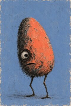 Pebble-shaped creature balanced on two thin bent legs with one wide unblinking eye set low