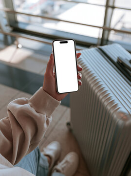 Woman holding smartphone near suitcase in airport terminal