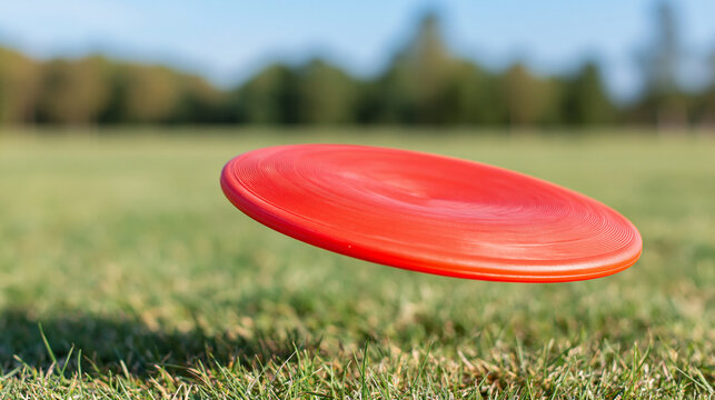 red plastic frisbee flying over green grass
