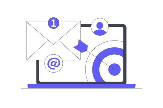 Marketing Material Campaign and Target Audience Email Promotion. Laptop Screen Displaying Target Board with Envelope Mail At Symbol and User Profile Icon. Flat Cartoon Vector Illustration icon Stylish